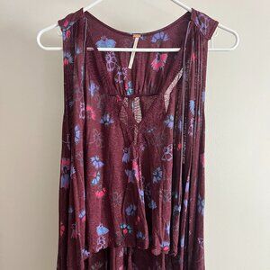 Free People Sleeveless Floral Lace Tunic Tank Top Burgundy Purple Size S
